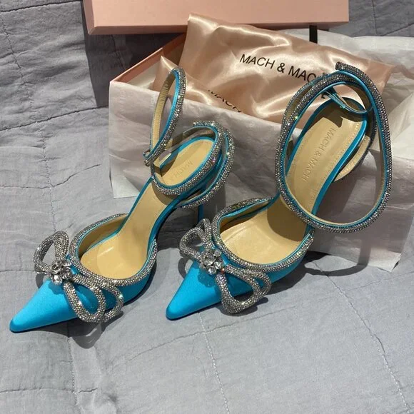 MACH & MACH Double Bow Satin Pumps - Ocean Blue - Picture 4 of 8